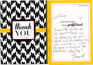 Handwritten thank you note from a client